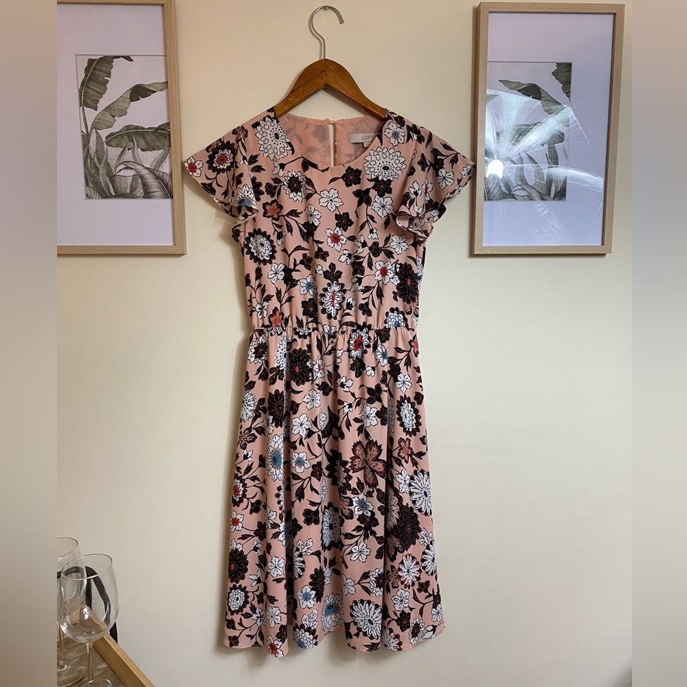Ann Taylor LOFT Pink Floral Midi Dress Small Ruffle